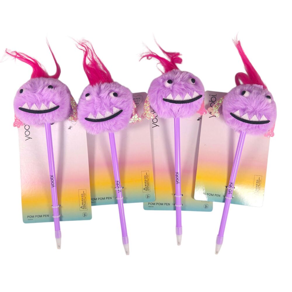 Yoobi Set of 4 Pom Pom Silly Faces Pens Purple Novelty Stationery New